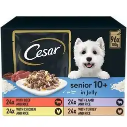 Tesco 96 x 100g Cesar Luxury Senior 10+ Wet Dog Food Pouches Mixed Selection in Jelly offer