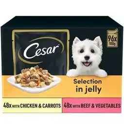 Tesco 96 x 100g Cesar Deliciously Fresh Adult Wet Dog Food Pouches Mixed in Jelly offer