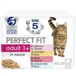 Tesco 48 x 85g Perfect Fit 1+ Adult Wet Cat Food Pouches Mixed Selection in Sauce offer