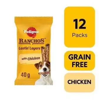 Tesco 84 Pedigree Ranchos Lastin Layers Adult Dog Treats Chicken Dog Chews (12 x 40g) offer