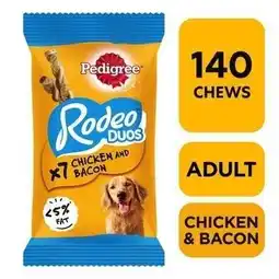 Tesco 140 Pedigree Rodeo Duos Dog Treats Chicken & Bacon Dog Chews 20 x 123g offer