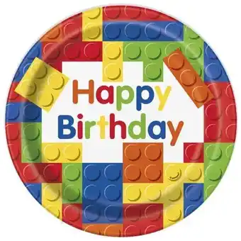 Tesco Building Blocks Happy Birthday Round Paper Plates 22cm - Pack of 8 offer