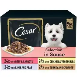 Tesco 96 x 100g Cesar Deliciously Fresh Adult Wet Dog Food Pouches Mixed in Sauce offer