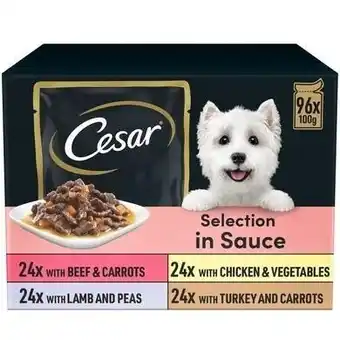 Tesco 96 x 100g Cesar Deliciously Fresh Adult Wet Dog Food Pouches Mixed in Sauce offer