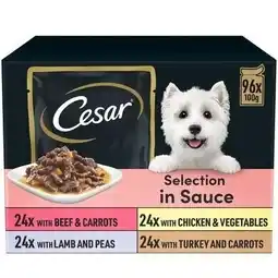 Tesco 96 x 100g Cesar Luxury Adult Wet Dog Food Pouches Mixed Favourites In Sauce offer