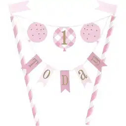 Tesco Pink Gingham First Birthday 1 Today Bunting Cake Topper 21cm offer