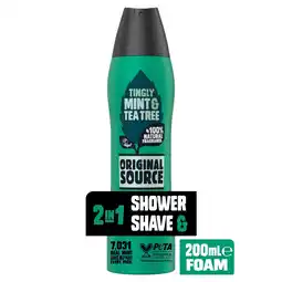 Tesco ORIGINAL SOURCE 2in1 SHOWER & SHAVE FOAM BODYWASH TINGLY MINT & TEA TREE 200ML offer