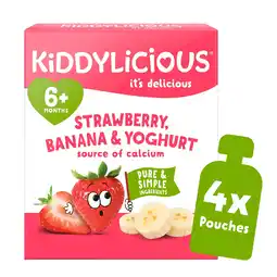 Tesco Kiddylicious Pouches Strawberry, Banana & Yoghurt 6m+ 4 x 100g offer