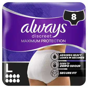 Tesco Always Discreet Maximum Protection Incontinence Pants L UK16-24 8 Pack offer