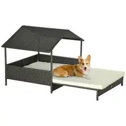 Tesco PawHut Extendable Rattan Dog House w/ Water-Resistant Roof, Cushion - Cream offer