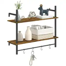 Tesco HOMCOM Wall Shelf Unit with 4 Hooks for Living Room, Rustic Brown offer