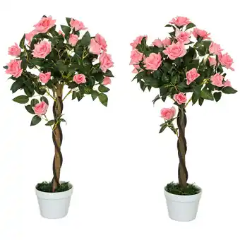 Tesco Outsunny Set of 2 90cm Artificial Rose Tree, Fake Plant, Pink offer