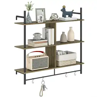 Tesco HOMCOM Wall Shelf Unit with 4 Hooks for Living Room Grey Wood Effect offer