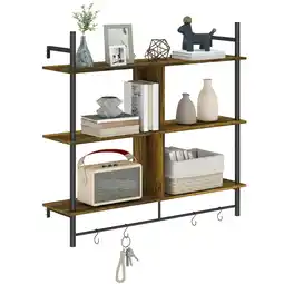 Tesco HOMCOM Wall Shelf Unit with 4 Hooks for Living Room Rustic Brown offer