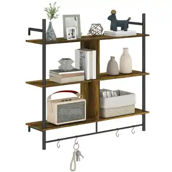 Tesco HOMCOM Wall Shelf Unit with 4 Hooks for Living Room Rustic Brown offer