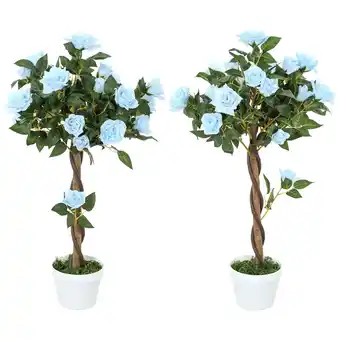 Tesco Outsunny Set of 2 90cm Artificial Rose Tree, Fake Plant, Blue offer