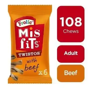 Tesco 108 Misfits Frolic Twistos Dog Treats Beef Dog Chews (18x105g) offer