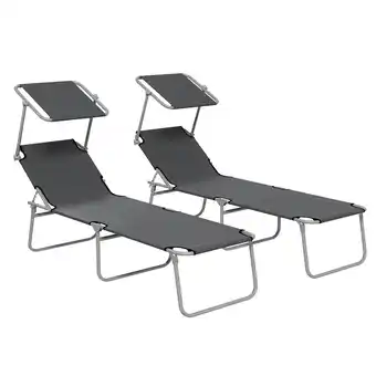 Tesco Outsunny Folding Sun Lounger Set of 2 w/ Sunshade Adjustable Backrest Grey offer