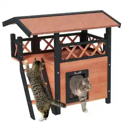 Tesco PawHut Outdoor Cat House with Balcony Stairs Roof, Brown offer