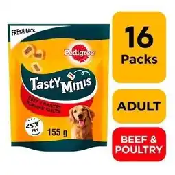 Tesco 16 x 155g Pedigree Tasty Bites Minis Dog Treats Chewy Slices Beef & Poultry offer