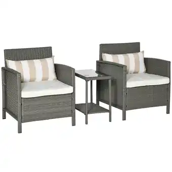 Tesco Outsunny 3 PC Outdoor Rattan Sofa Set with Chairs Coffee Table Cushion offer