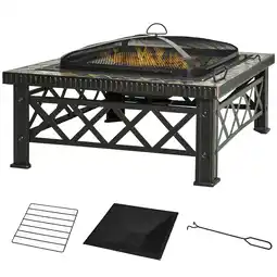 Tesco Outsunny 76cm Square Garden Fire Pit Square Table with Poker Mesh Cover offer