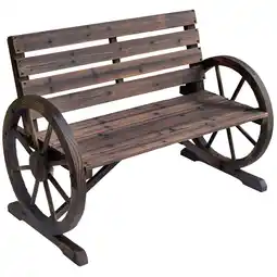 Tesco Outsunny 2 Seater Garden Bench with Wooden Cart Wagon Wheel Rustic Brown offer