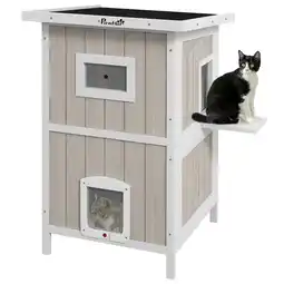 Tesco PawHut Outdoor Wooden Cat House w/ Removable Bottom, Escape Doors, for 1-2 Cats offer