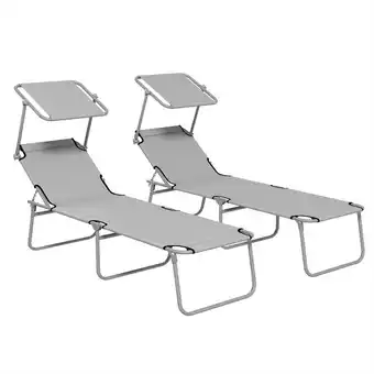 Tesco Outsunny Folding Sun Lounger Set of 2 w/ Sunshade Adjustable Backrest Light Grey offer