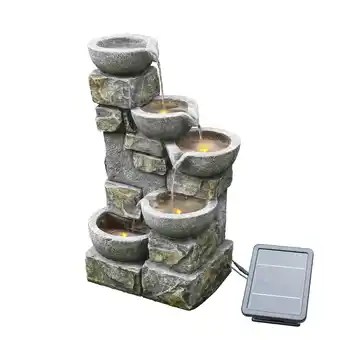 Tesco Teamson Home 5-Tier Cascading Stone LED Garden Water Feature for Outdoor Living Spaces, Stone Gray offer