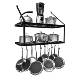 Tesco Living and Home Wall-Mounted 2-Tier Pot Storage Rack with 10 Hooks - Black offer