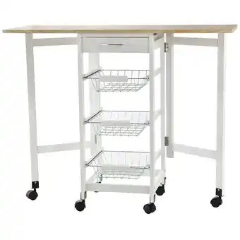 Tesco HOMCOM Drop-Leaf Kitchen Trolley w/ 3 Baskets, Drawer, 6 Wheels, White offer