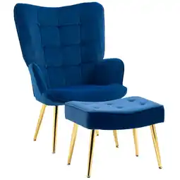 Tesco HOMCOM Button Tufted Armchair with Footstool and Gold Legs Dark Blue offer