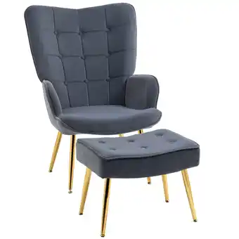 Tesco HOMCOM Button Tufted Armchair with Footstool and Gold Legs Dark Grey offer