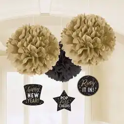 Tesco New Year Black & Gold Fluffy Hanging Decorations - Pack of 3 offer