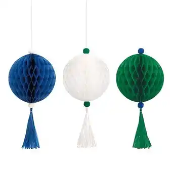 Tesco Blue White & Green Honeycomb Hanging Decorations with Tassels - Pack of 3 offer