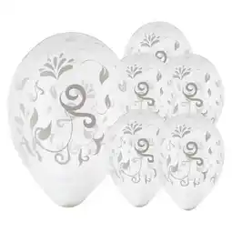 Tesco Clear Latex Balloon With White Elegant Leaves 30cm / 12 in - Pack of 6 offer