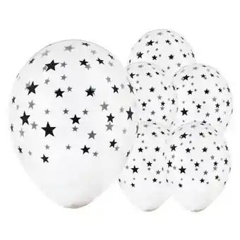 Tesco Clear Latex Balloon With Black Star Designs 30cm / 12 in - Pack of 6 offer