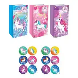 Tesco Assorted Unicorn Paper Party Bags with Sealing Stickers - Pack of 12 offer