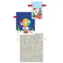 Tesco Assorted Santa & Friends Drawstring Sack Plastic Gift Bags - Pack of 3 offer