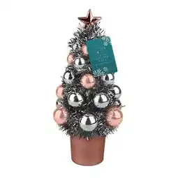 Tesco Rose Gold & Silver Tinsel Christmas Tree with Baubles Decoration 20cm offer