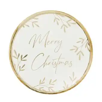 Tesco Gold Foil Merry Christmas Foliage Round Paper Plates 23cm - Pack of 8 offer