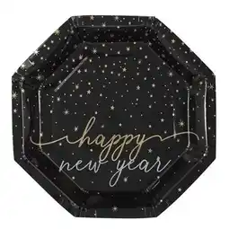 Tesco New Year's Eve Black and Gold Stars Octagon Shaped Paper Plates 21cm - Pack of 8 offer