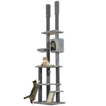 Tesco PawHut 225-255cmH Floor-to-Ceiling Cat Tree for Indoor Cats w/ Condo Ramp offer