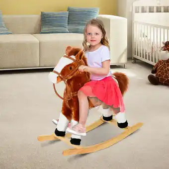 Tesco HOMCOM Rocking Horse Toy Plush Wood Pony Riding Rocker Neigh Sound Brown offer