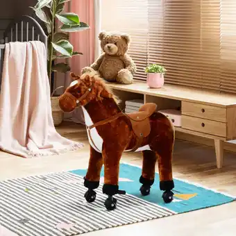 Tesco HOMCOM Child Boys Walking Horse Riding Toy Plush Walk Pony Wheels w/ Sound Brown offer