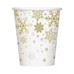 Tesco Silver & Gold Snowflakes Christmas Compostable Paper Cups 270ml - Pack of 8 offer