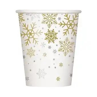 Tesco Silver & Gold Snowflakes Christmas Compostable Paper Cups 270ml - Pack of 8 offer