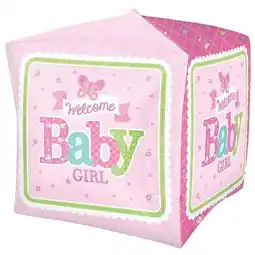 Tesco Welcome Baby Girl Cubez Foil Helium Balloon 38cm / 15 in offer