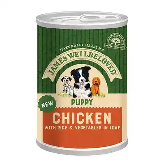 Tesco James Wellbeloved Puppy Wet Dog Food Chicken Rice & Vegetables in Loaf 400 g Tin (Pack of 12) offer